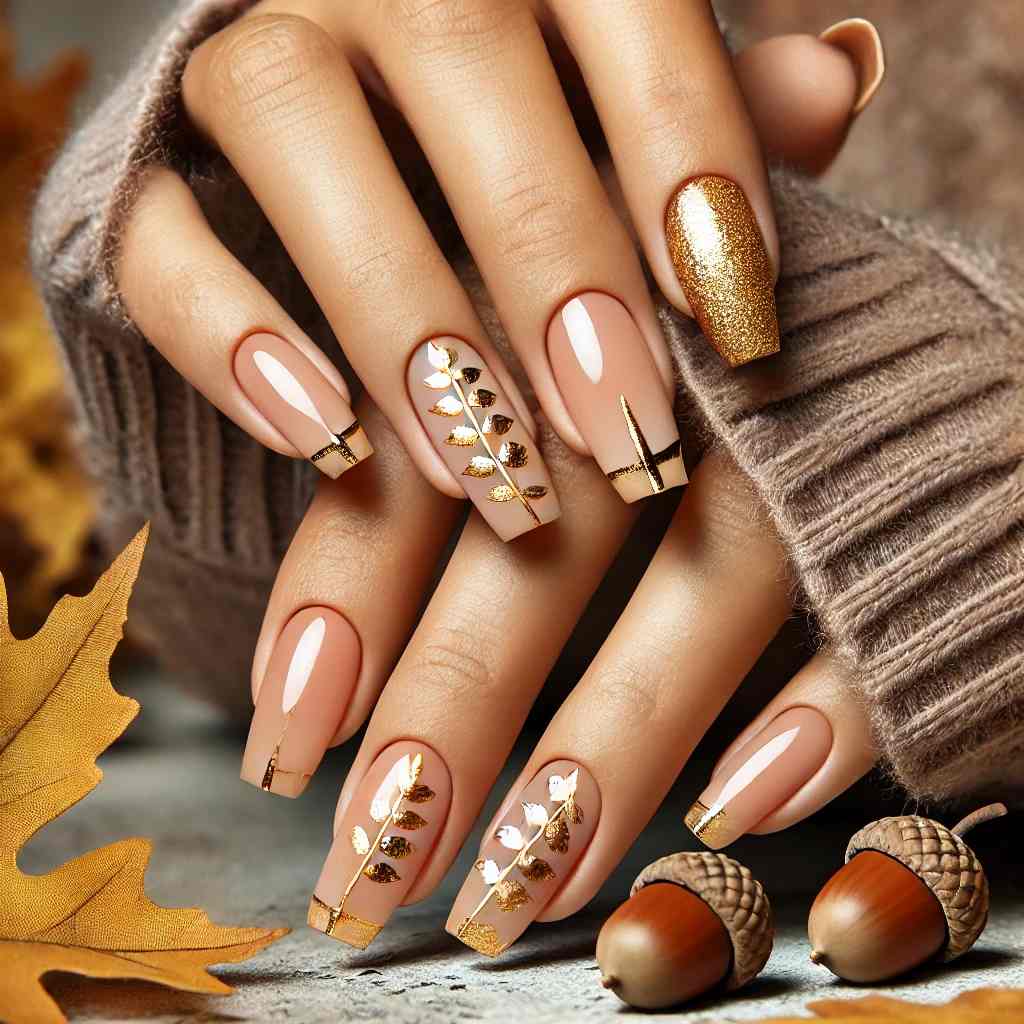 Beautiful Golden Leaf French Tips