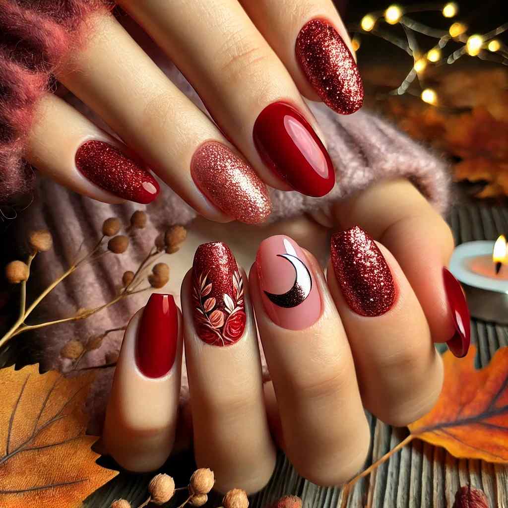 Crimson with Glitter Crescent Moons