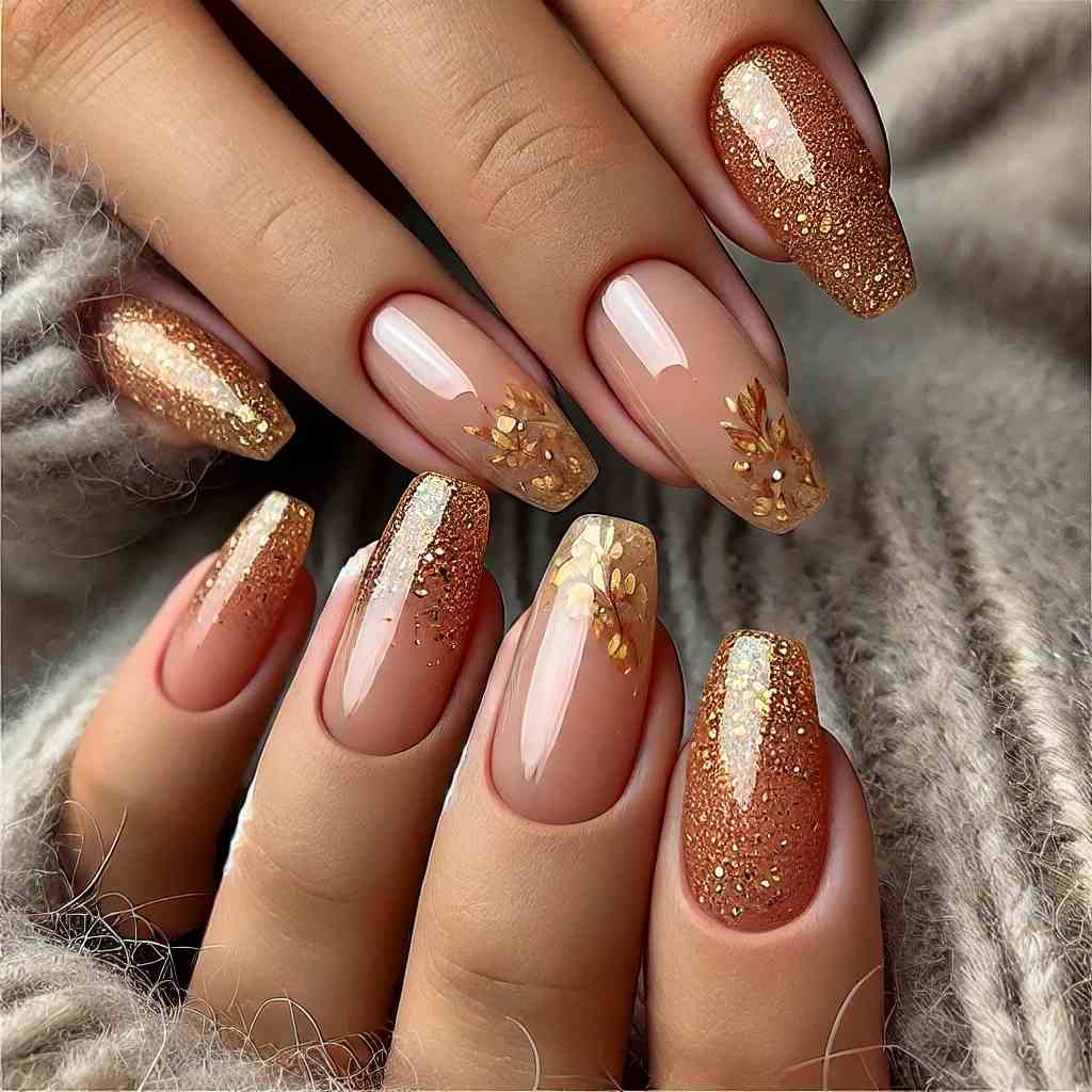 Golden Leaf Glitter Tips