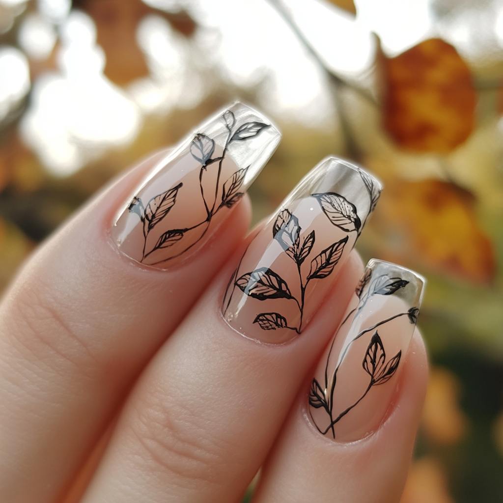 Leaf Outline Art on Clear Nails