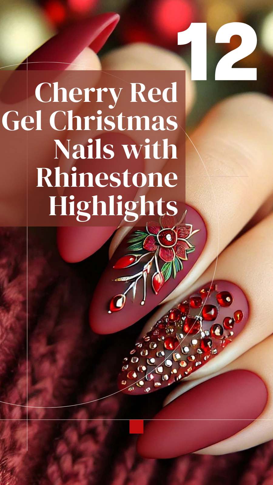 12 Festive Cherry Red Gel Nails with Rhinestones for Christmas