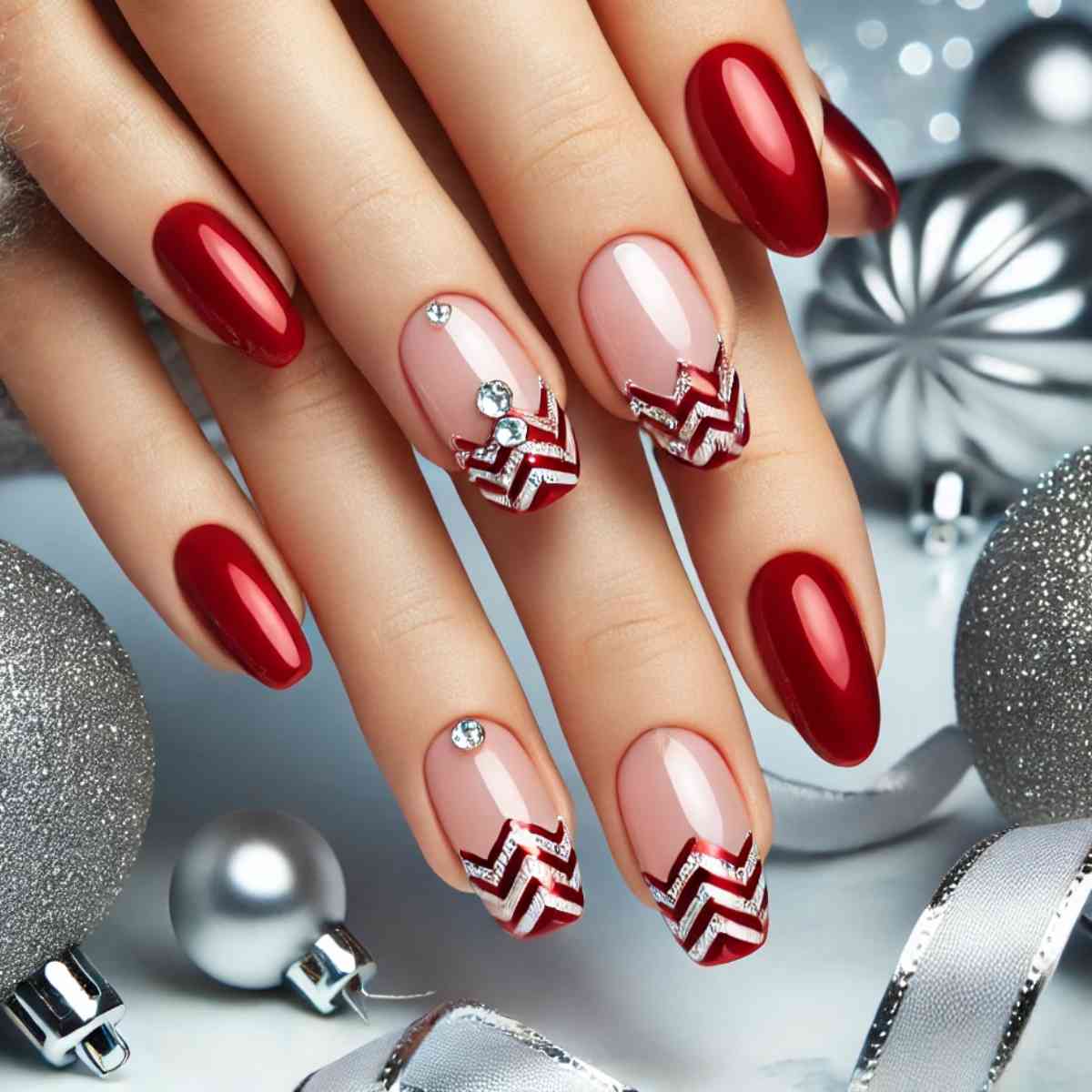 Amazing Chevron Red French Tips with Sparkling Stones