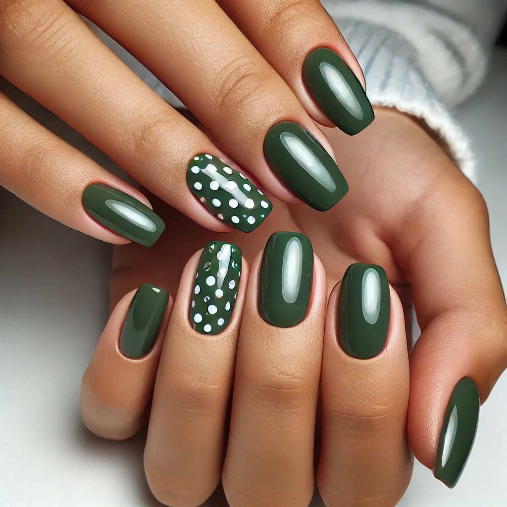 Amazing Glossy Olive Green with White Polka Dots