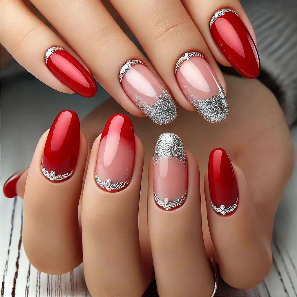 Amazing Red French Tips with Silver Glitter