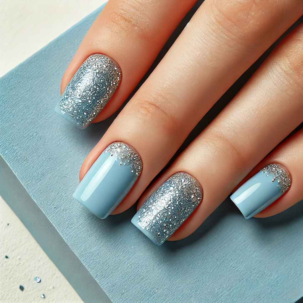 Baby Blue and Silver Glitter Tips