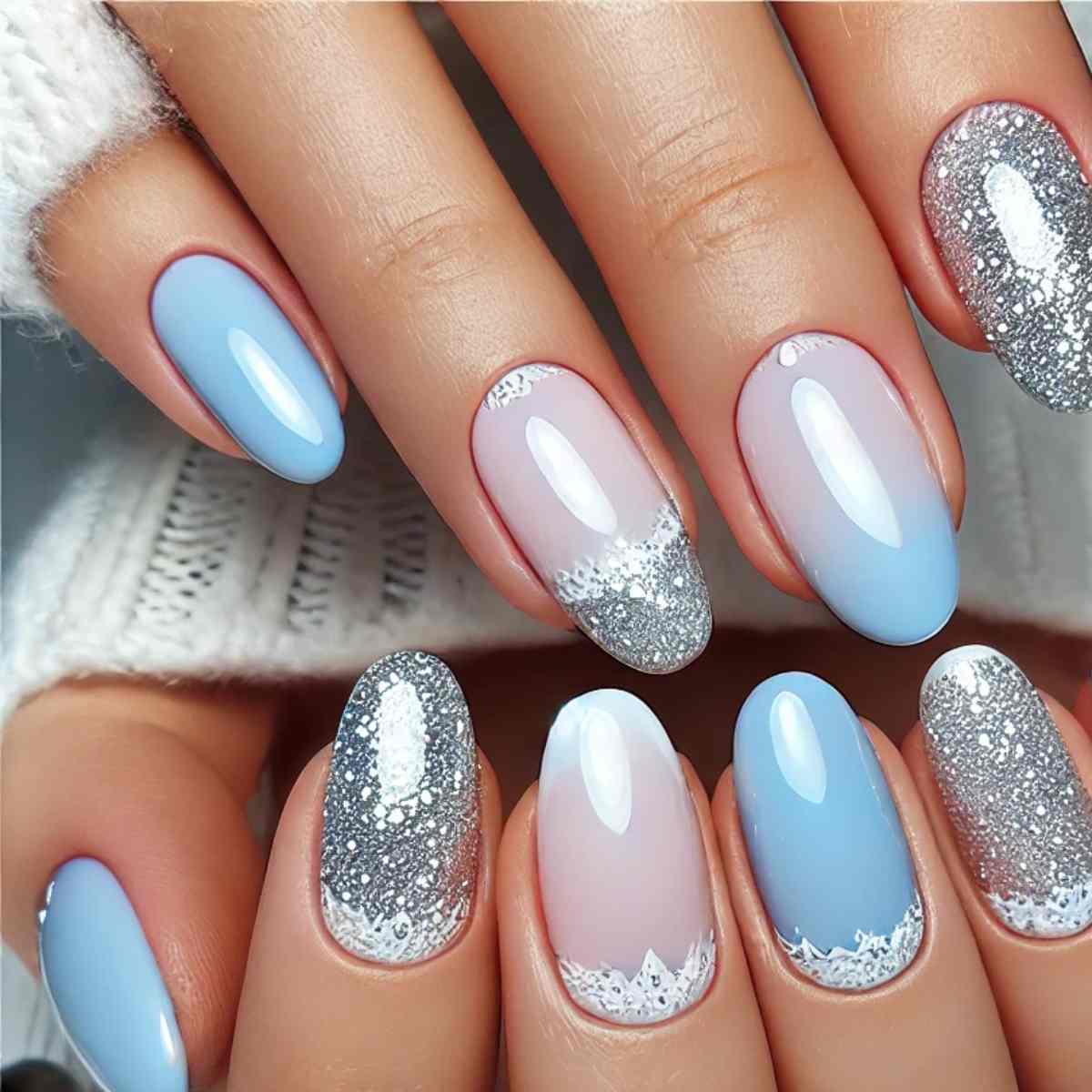 Baby Blue and Sparkly Silver French Tips