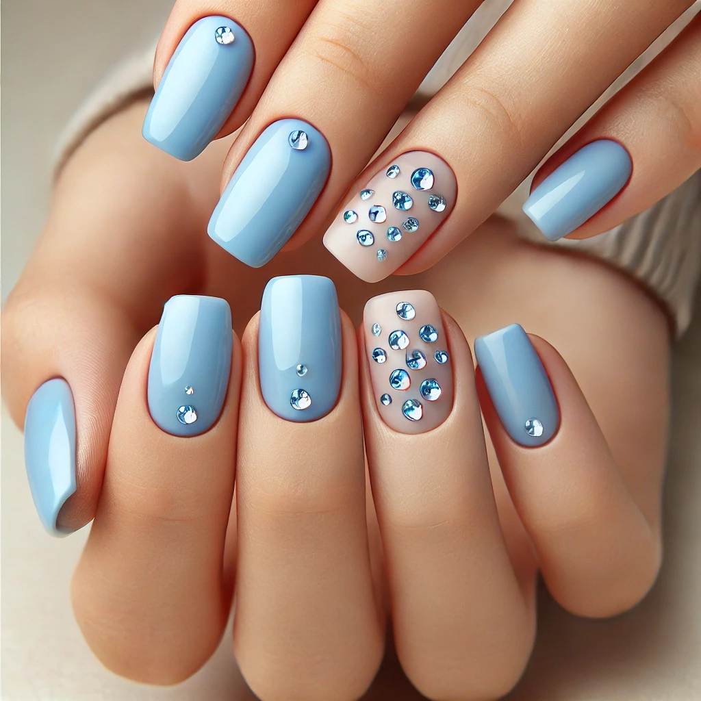 Baby Blue with Rhinestone Accent Nail