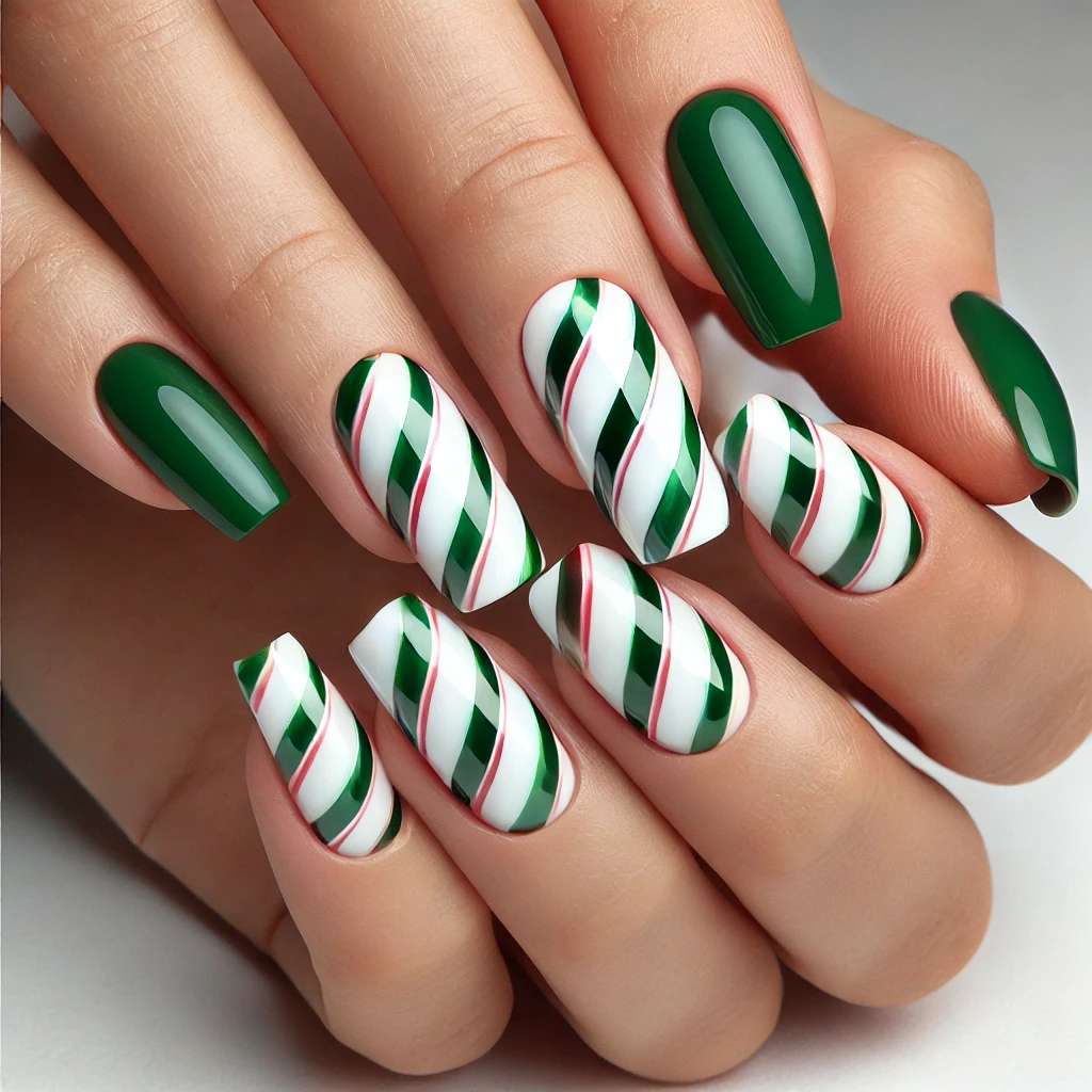 Beautiful Green and White Stripe or Twist Nail Art