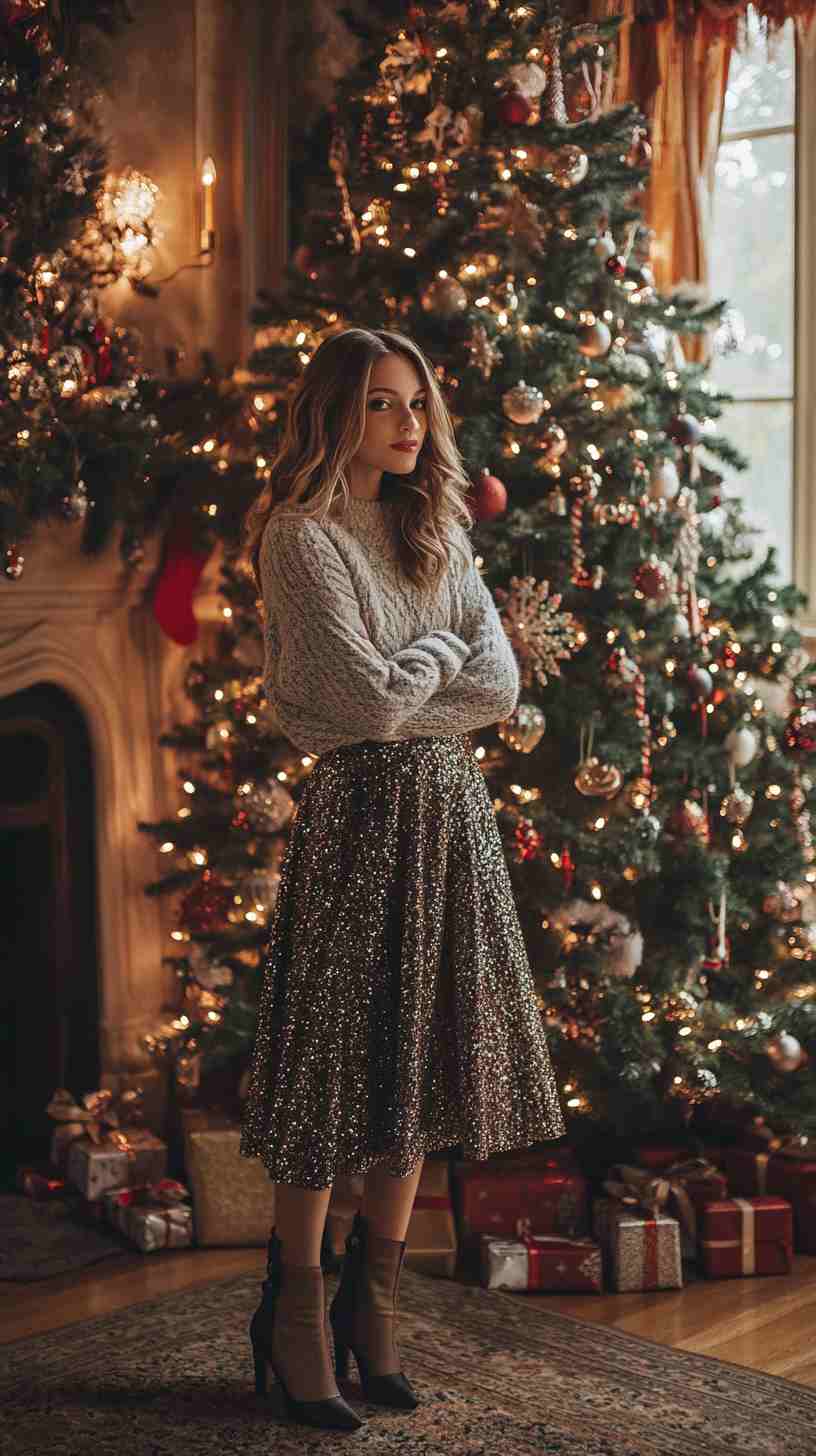 Beautiful Sequin Skirt with Knit Sweater