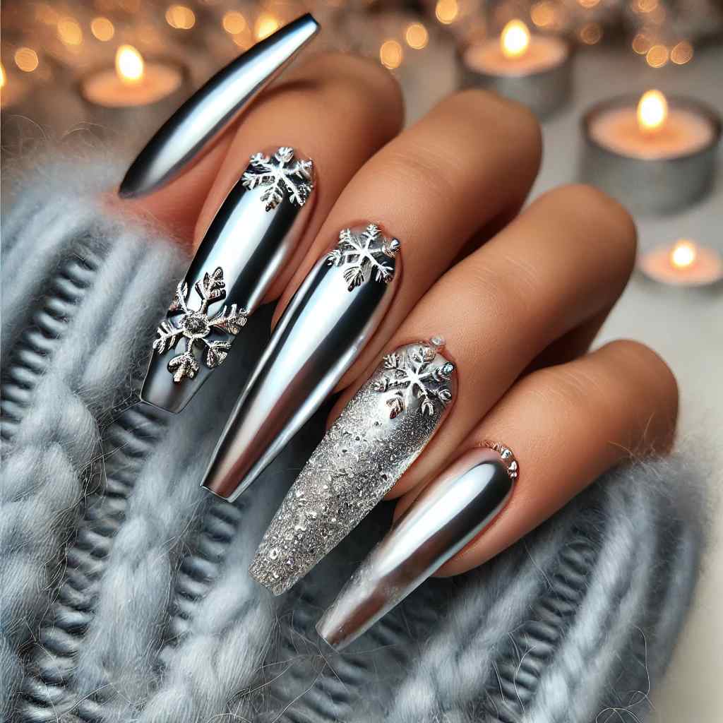 Beautiful Silver Chrome with Rhinestone Snowflake Tips