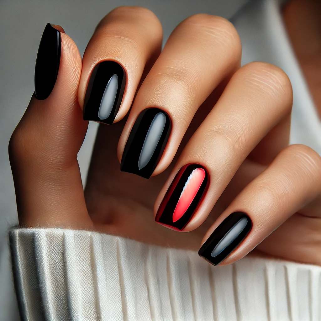 Black Nails with Red Chrome Accent