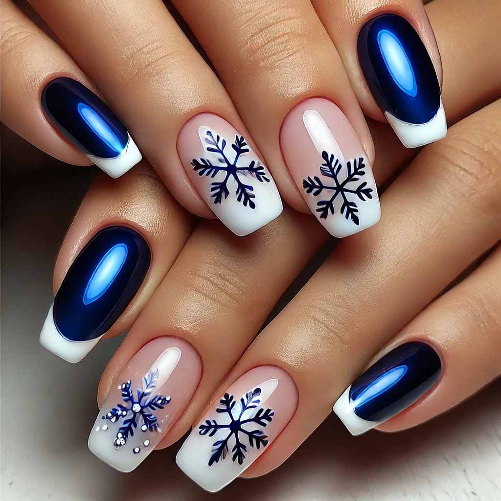 Blue French Tips with White Snowflake Accents