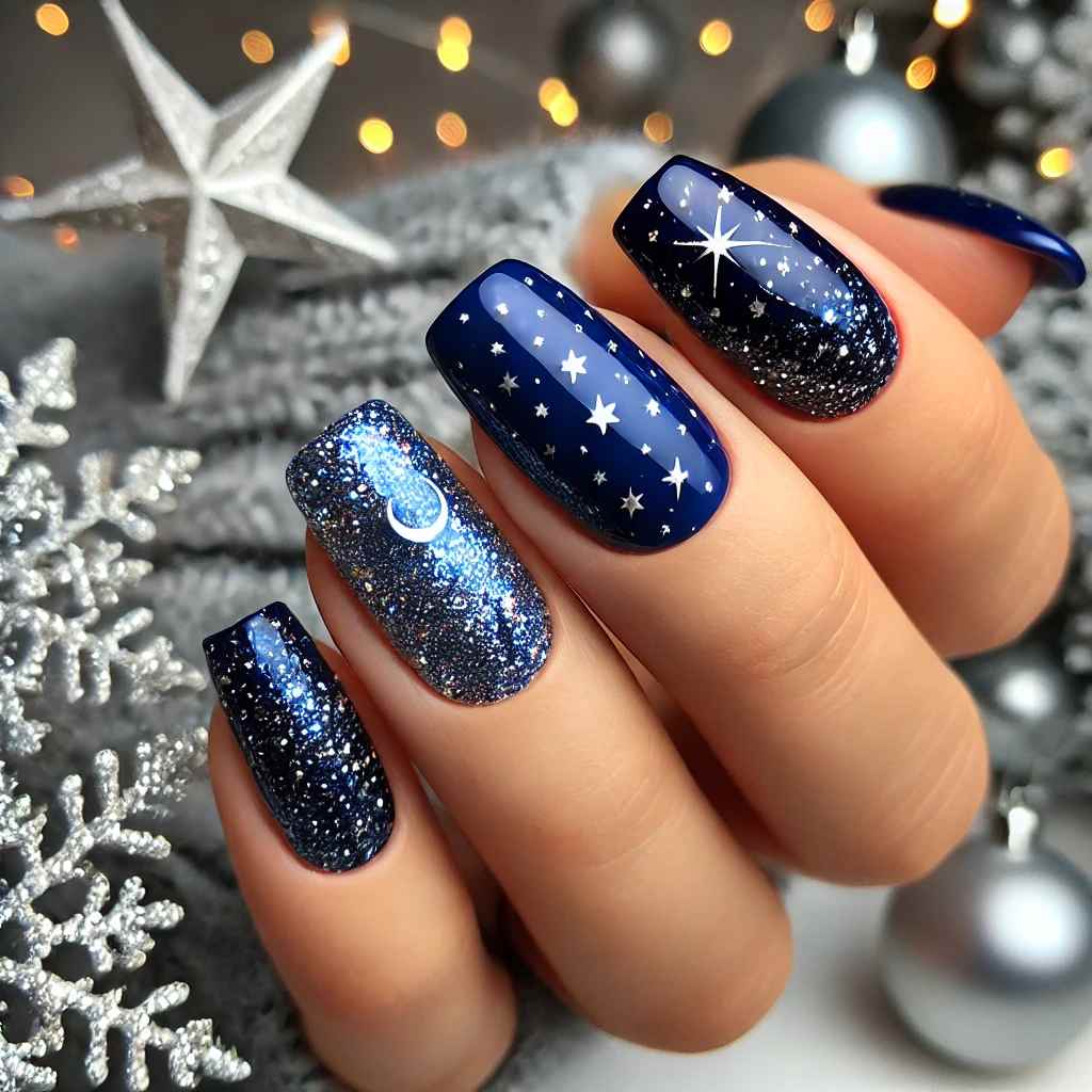 Blue Glitter and Silver Starry Night