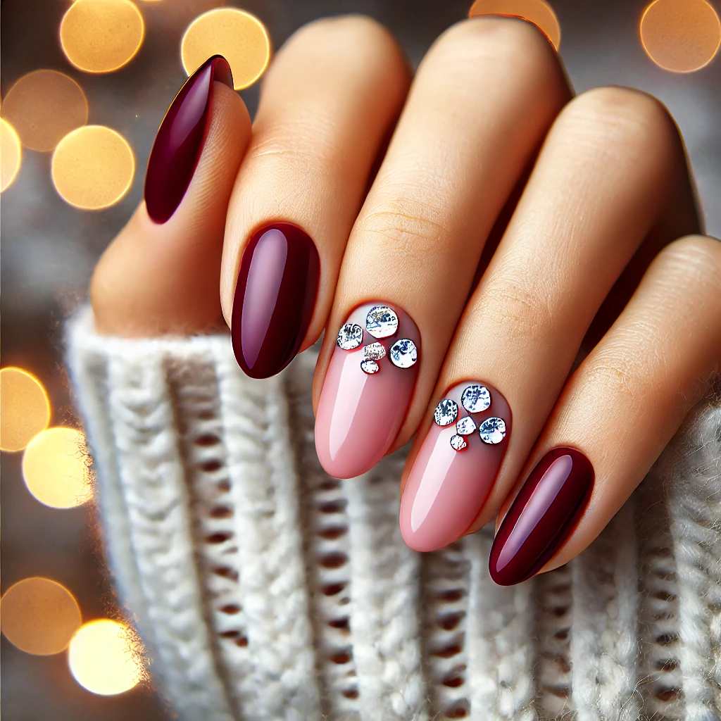 Bold Burgundy Nails with Diamond Half-Moons