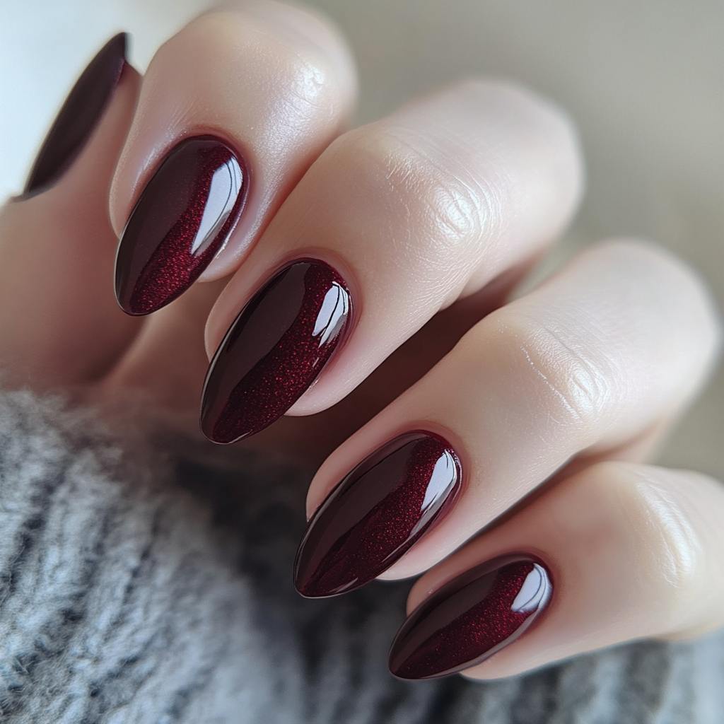 Burgundy Almond Nails with a Red Tint