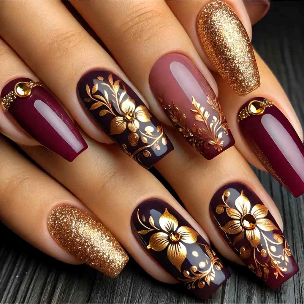 Burgundy Petals with Golden Accents