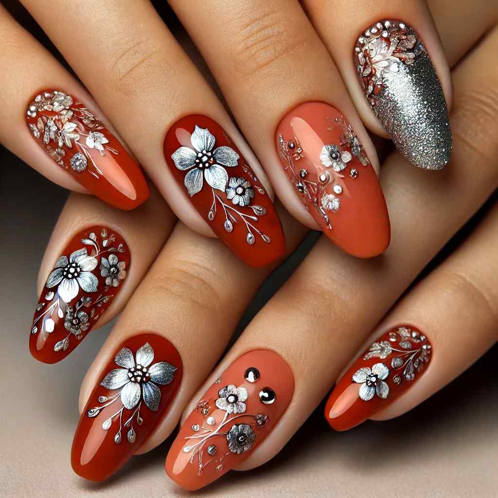 Burnt Orange Blooms with Silver Shimmer