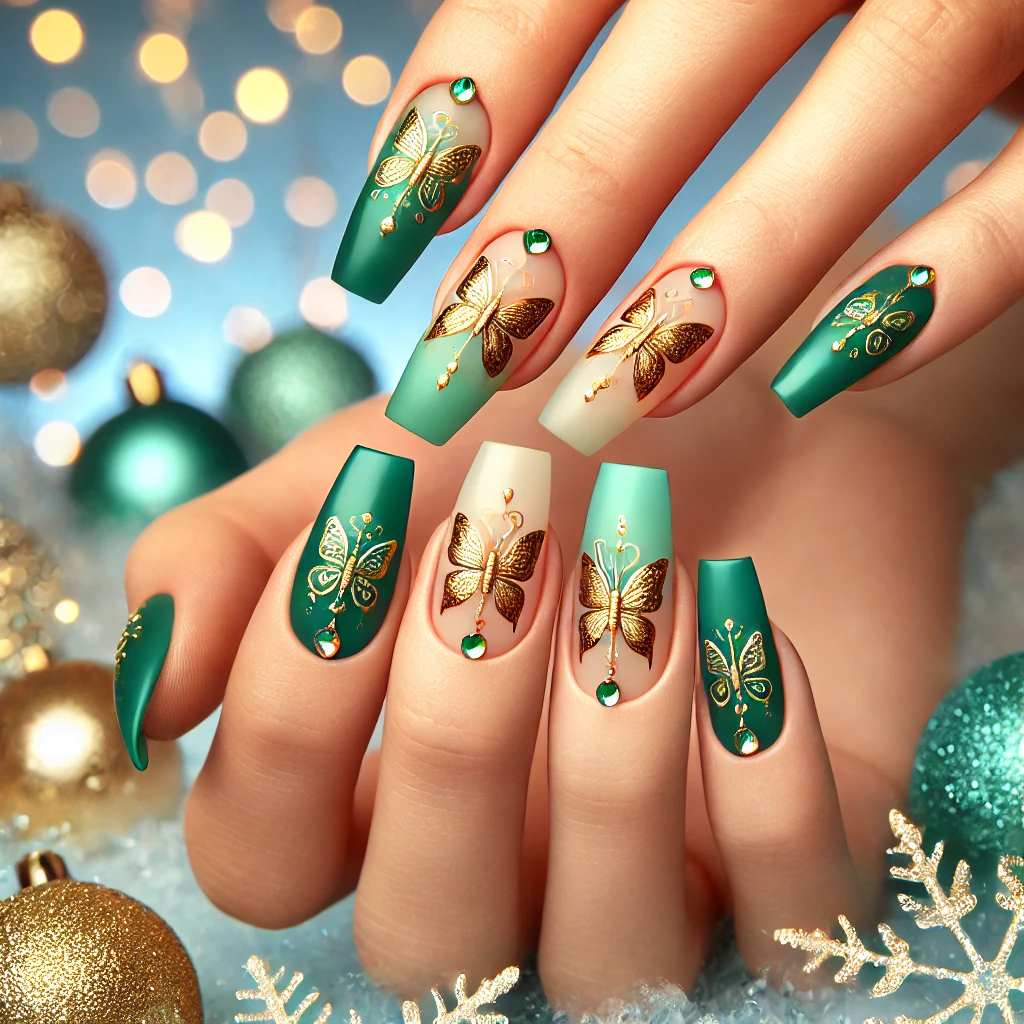 Butterfly-Inspired Green and Gold Nails