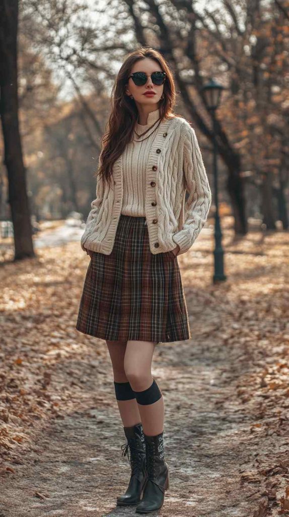 Cable Knit Cardigan with Plaid Skirt