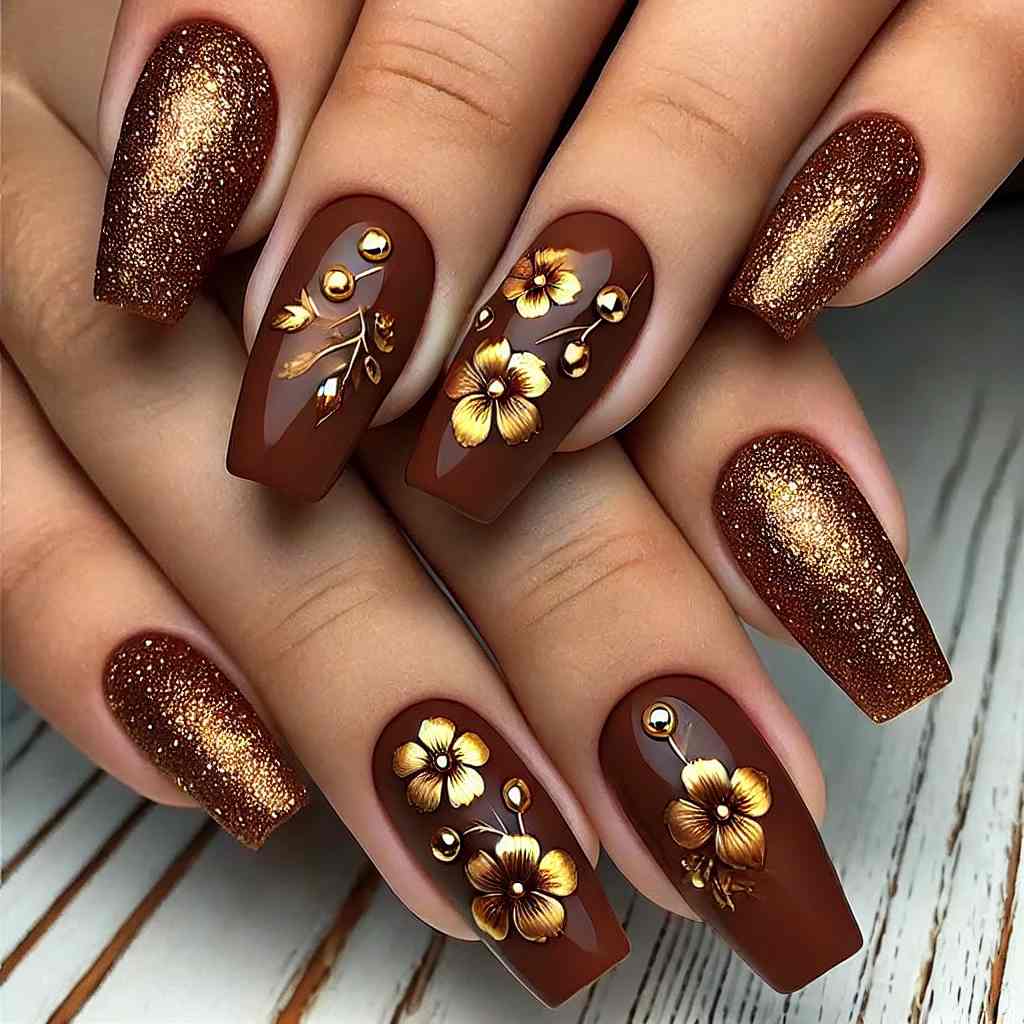 Chestnut Brown with Gold Foil Flowers