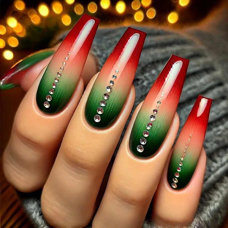 Christmas Coffin Nails with Chrome, Glitter, and Rhinestone Accents