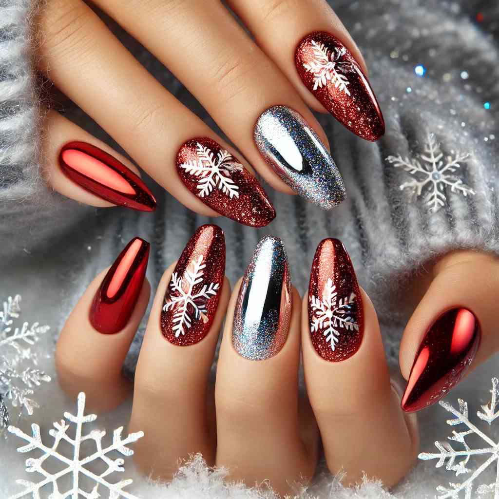 Chrome Nails with Glittery Snowflakes