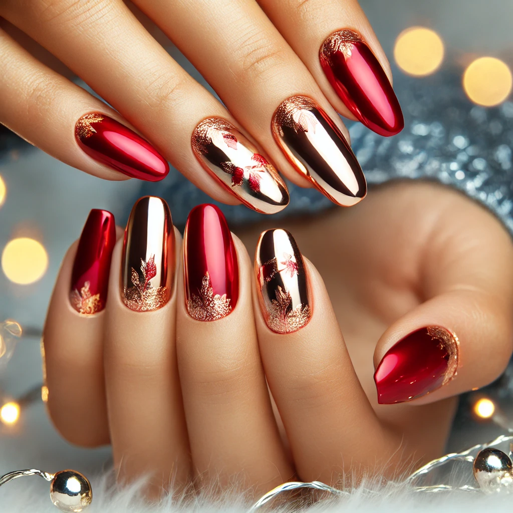 Chrome Red Nails with Gold Foil Accents