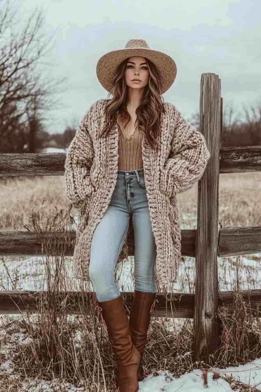 Chunky Cardigan with Denim and Boots