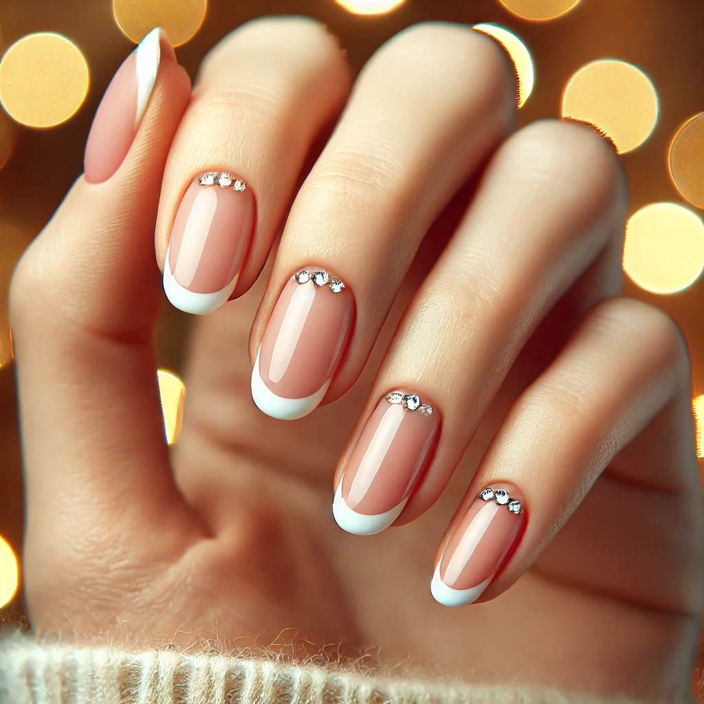 Classic French Tips with Diamond Accents