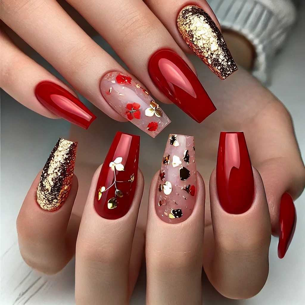 Classic Red Coffin Nails with Gold Foil