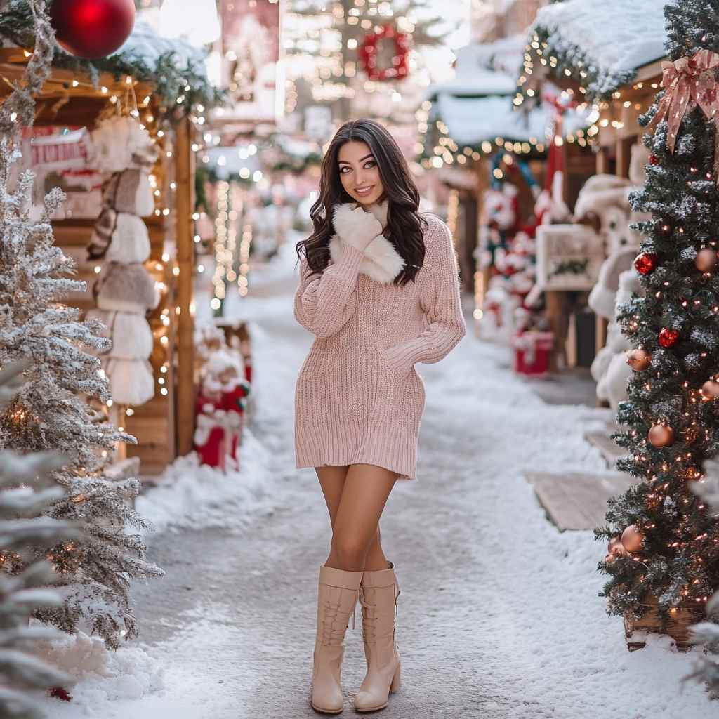 Cozy Knit Dress with Knee-High Boots