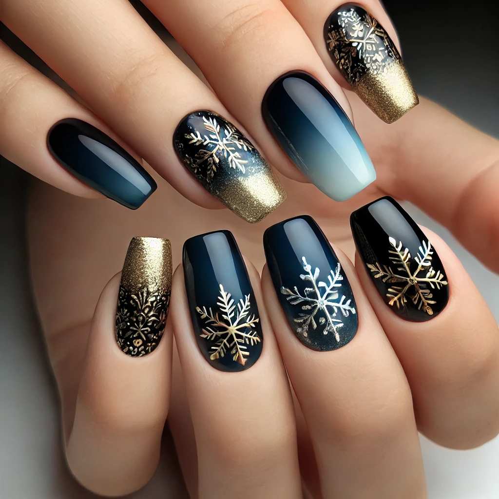 Dark Blue Ombre with Gold and Silver Snowflakes