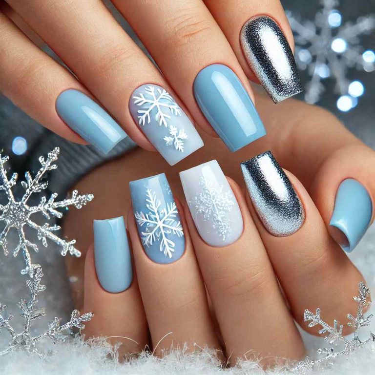 December Square Nails with Chrome Detailing