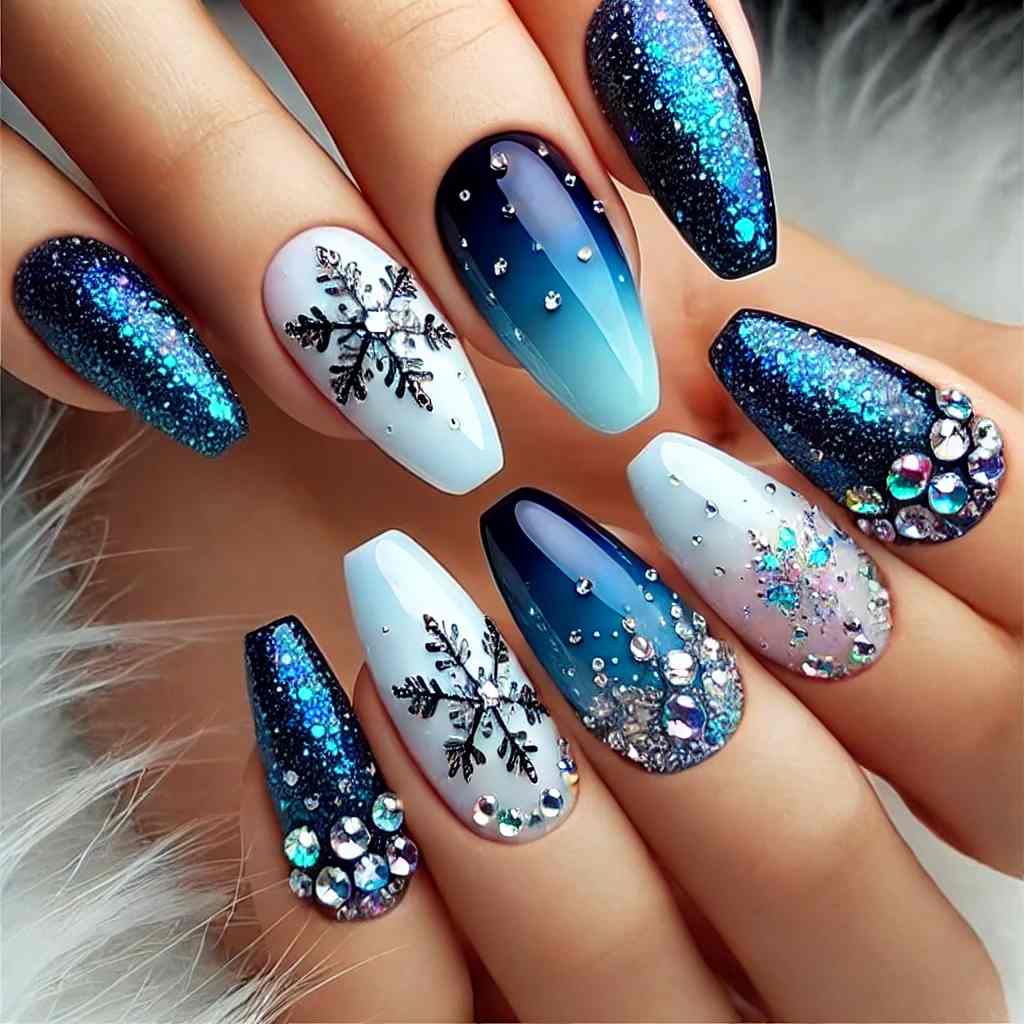 Deep Blue Ombré with Rhinestone Snowflakes