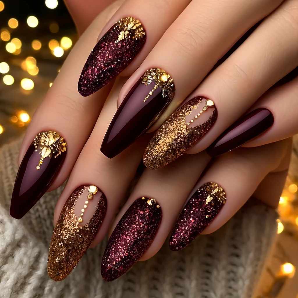 Deep Burgundy with Gold Glitter and Rhinestones