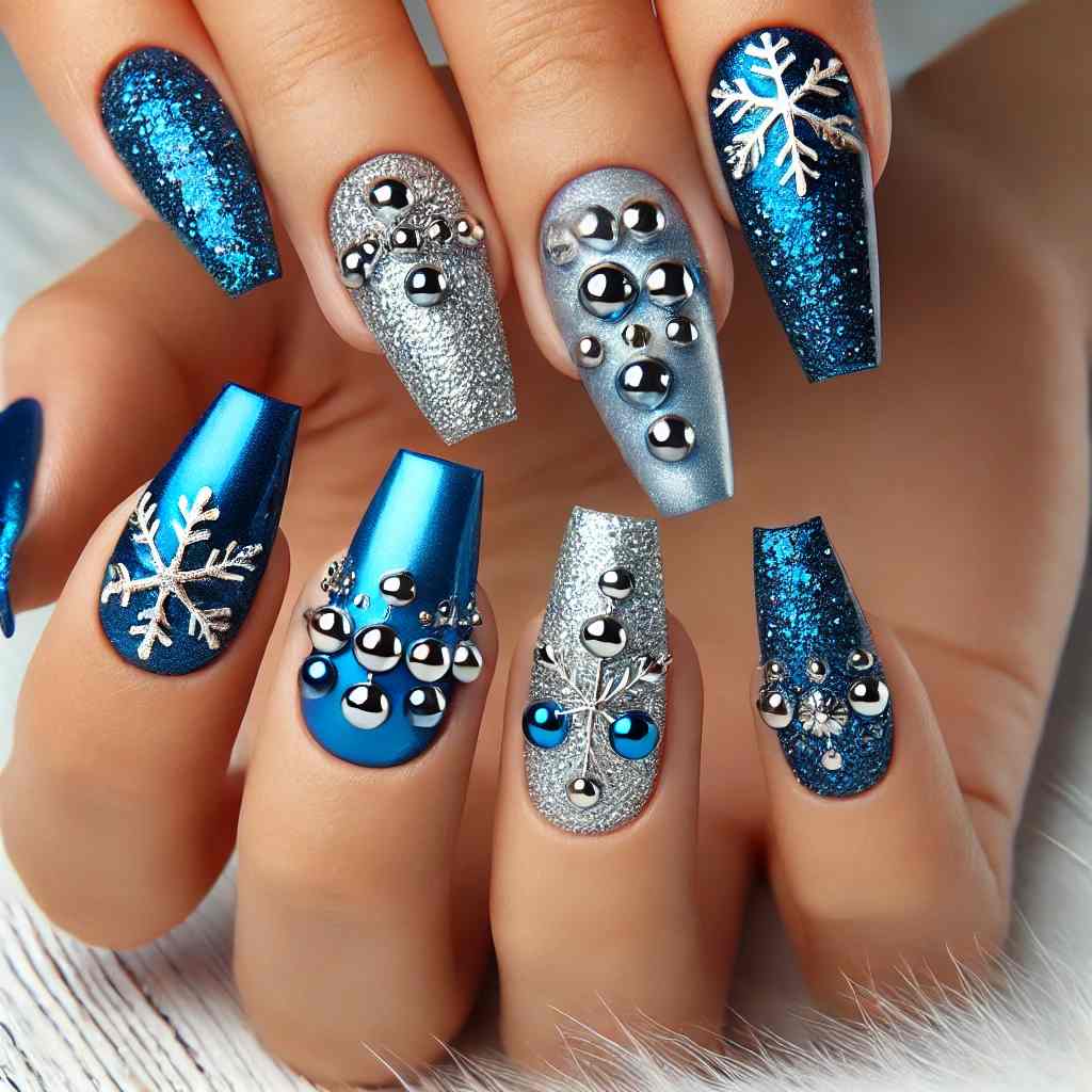 Electric Blue with Silver Stud Snowflakes