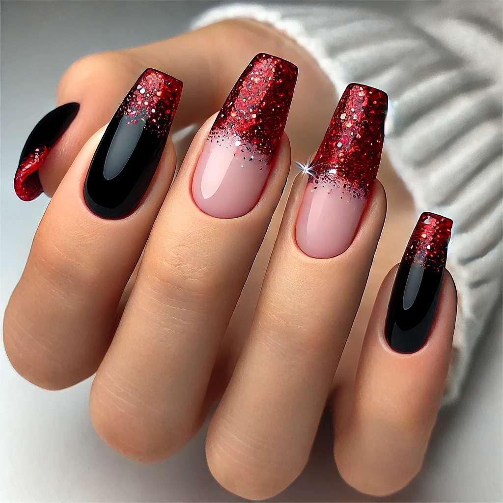 Elegant Black with Red Sparkle Tips