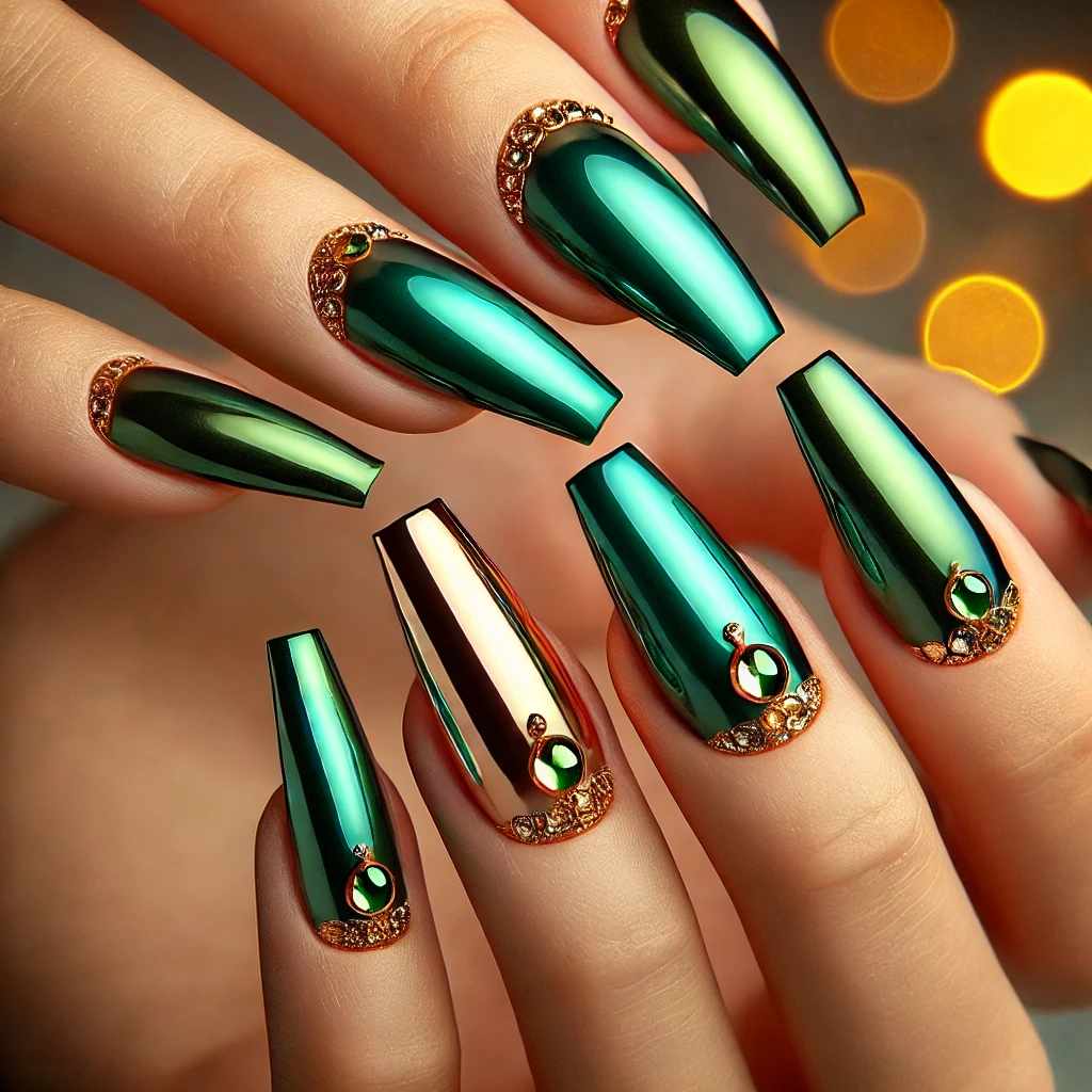 Emerald Green Chrome with Gold Rhinestone Accents