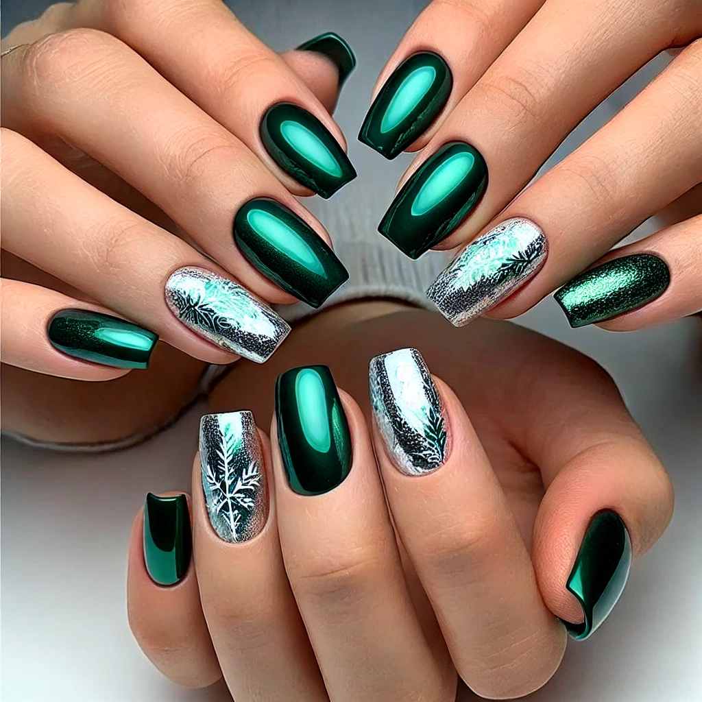 Emerald Green Nails with Silver Foil Accents