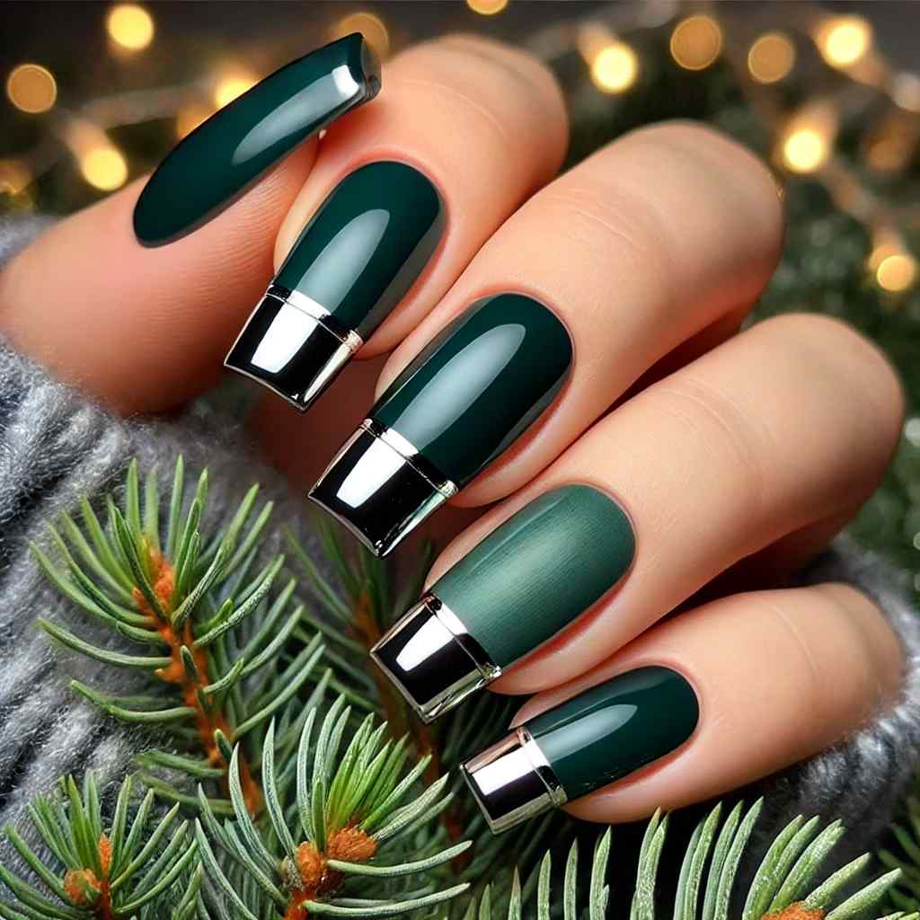 Evergreen with Chrome French Tips