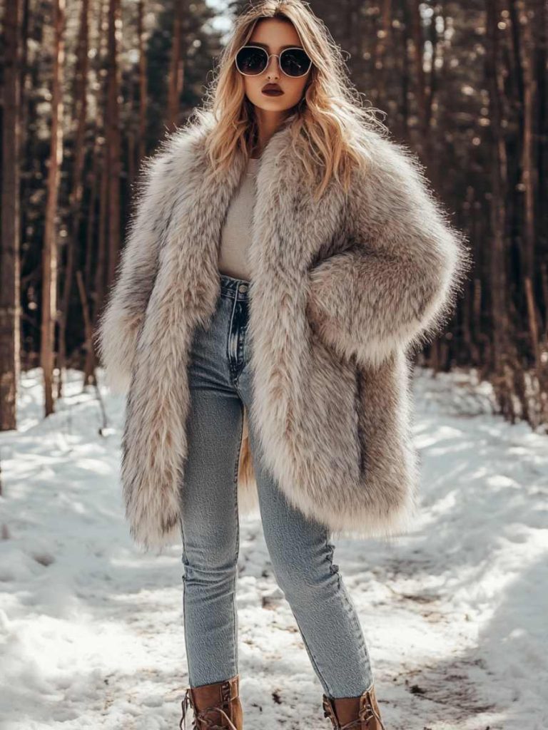 Faux Fur Coat with Straight-Leg Jeans