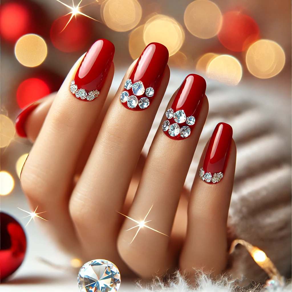 Festive Red Nails with Diamond Crystals