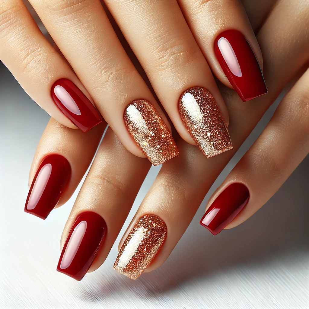 Festive Red Nails with Gold Glitter Fade