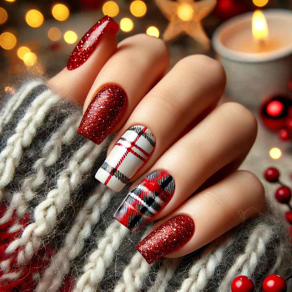 Festive Red Plaid Nails