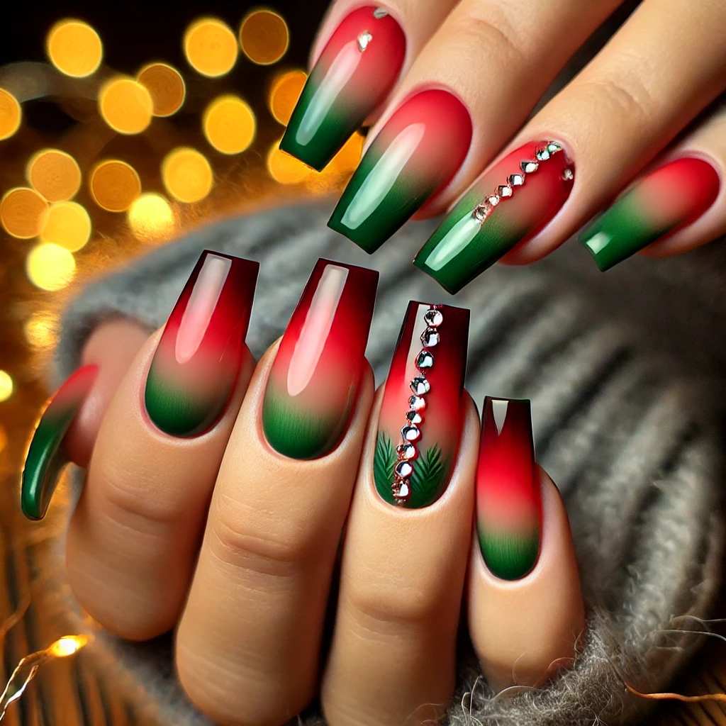 Festive Red and Green Ombre with Rhinestone Accents