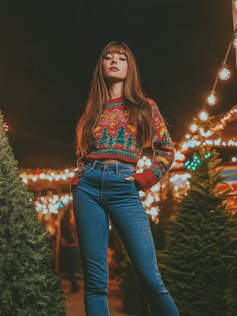 Festive Sweater with Flared Jeans