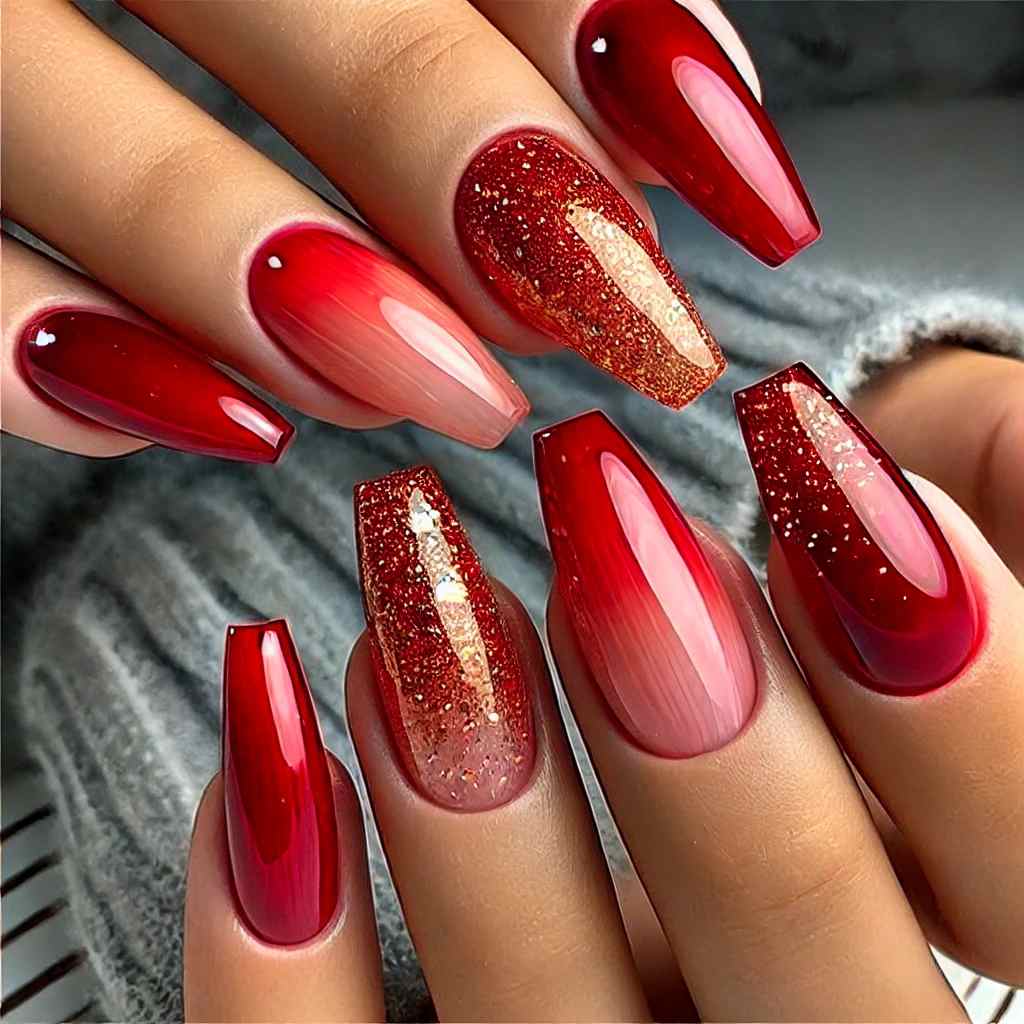 Fiery Red Ombre with Gold Sparkles