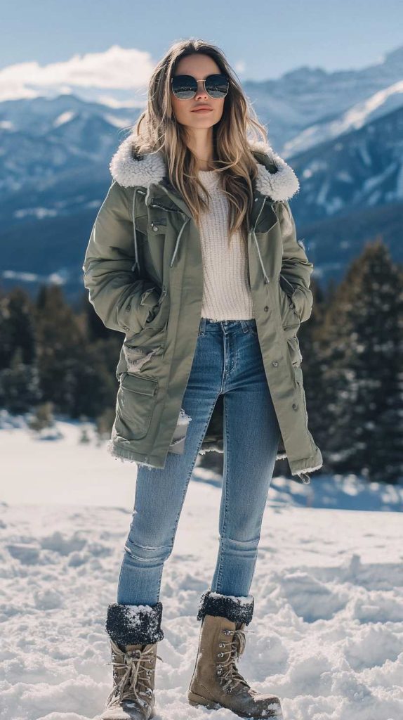 Fleece-Lined Parka with Skinny Jeans