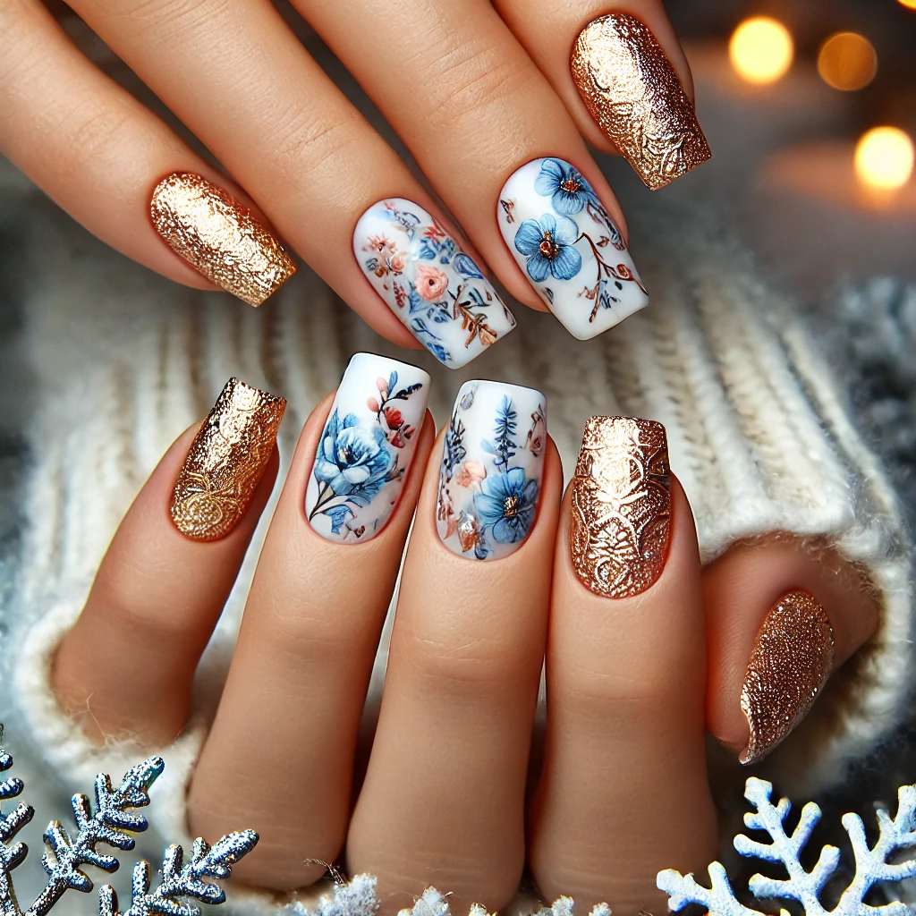 Floral Patterns with Blue and Gold Foils