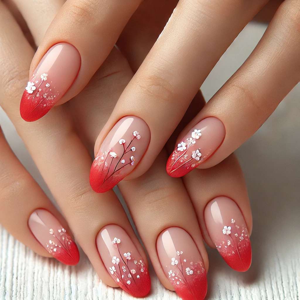 Floral Red French Tips